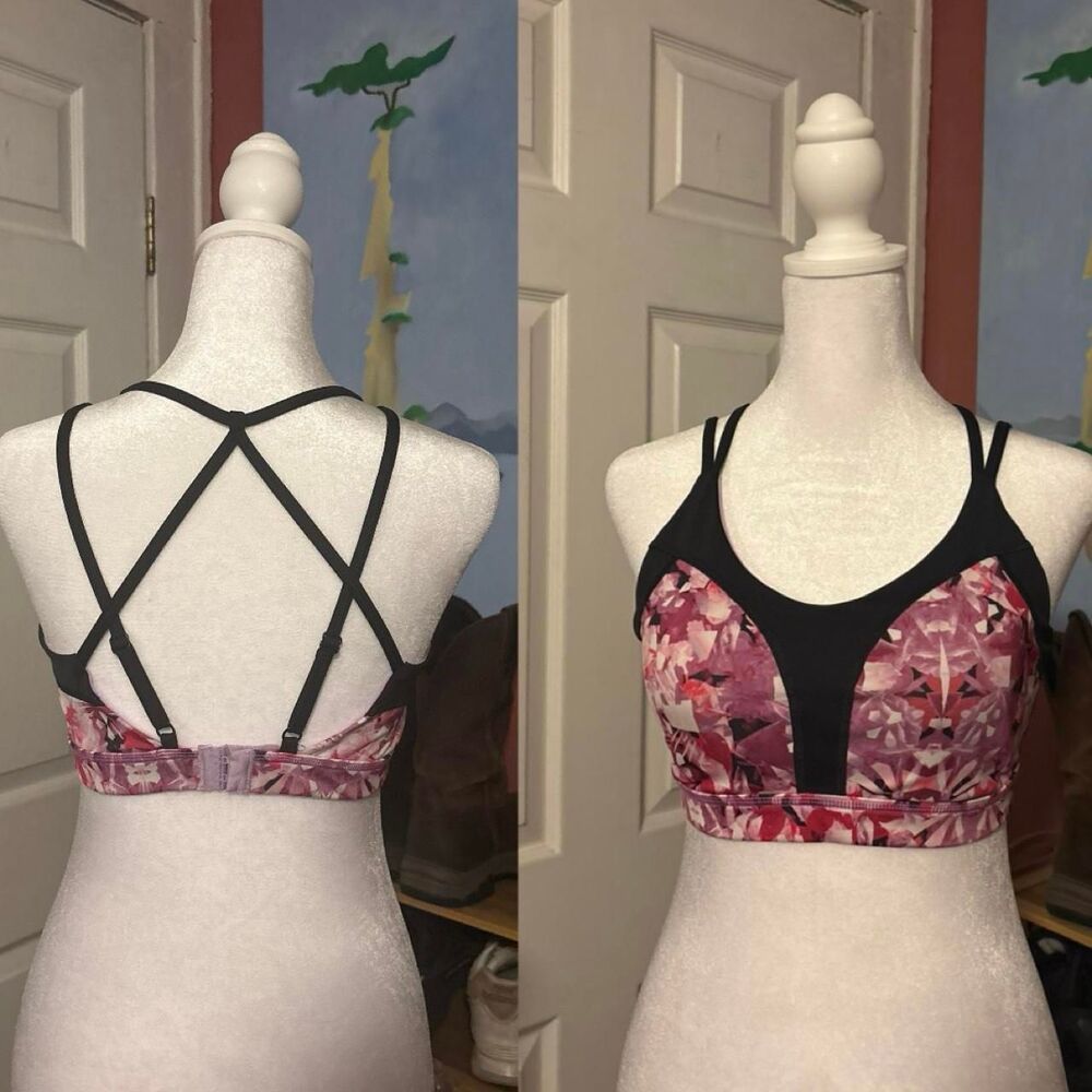 Champion Pink Floral Black Strappy Sports Bra Sz Medium Criss Cross Y2K Workout
